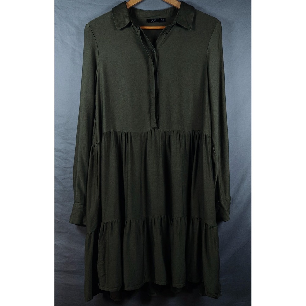 Brand Ovs Womens Olive Green Button Front Midi Dress Long Sleeve Size 12